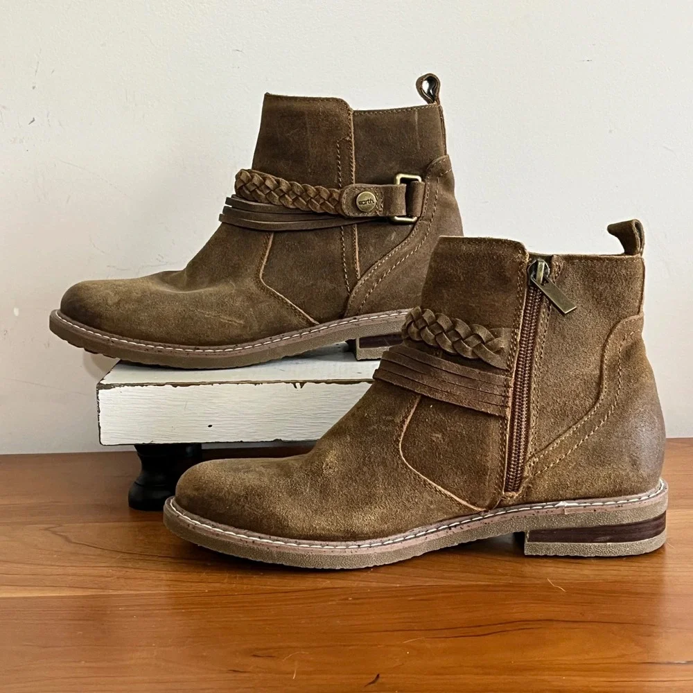 Earth Jeno Brown Suede Leather Braided Ankle Boots‎ Womens 6.5 M ETJENO